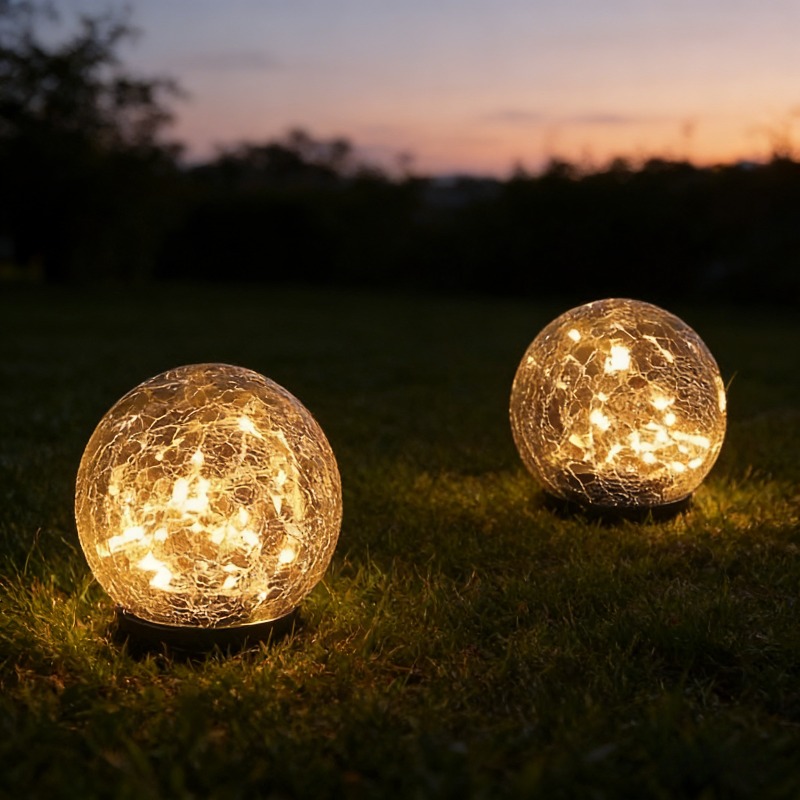 E-shop 2er-Set Solar-Leuchten aus gesprungenem Glas, solarbetriebene dekorative Außenbeleuchtung für Garten Rasen mit hochtransparenter Glasschirmdose.