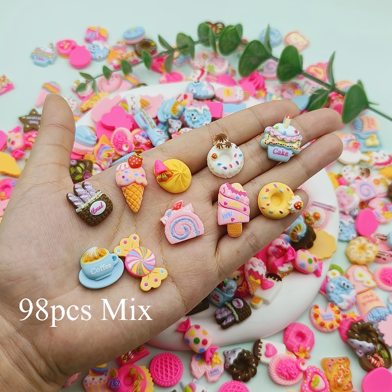 TEMU 98pcs Of Cartoon And Ice Cream Donut Resin Accessories - Colorful Mixed Colors, Designs For , Phone Case Accessories, Shoe Decorations, Candy |