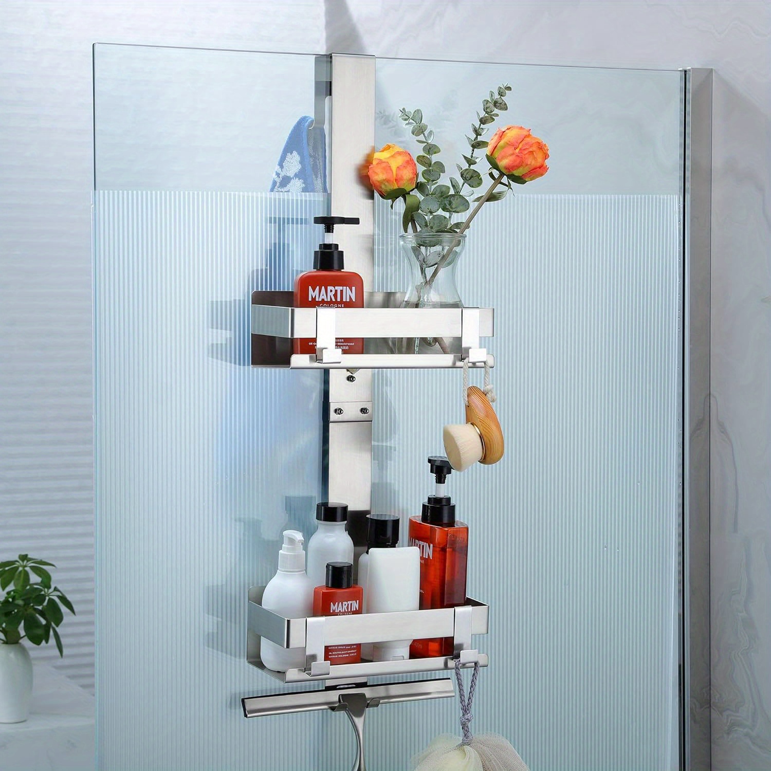 TEMU Mensola Doccia in Acciaio Inossidabile Senza Foratura per Porte Vetro Senza Cornice - Organizzatore Bagno a con di Drenaggio, Porta Shampoo e