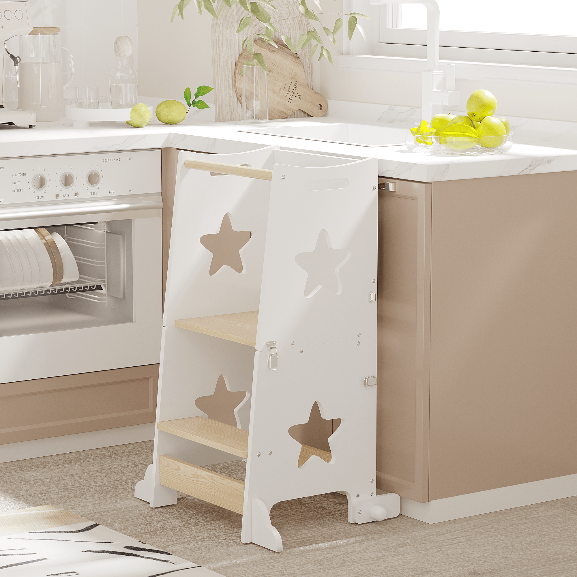 3-In-1 Kitchen Step Stool, Foldable Learning Standing Tower with Blackboard, Wooden Kitchen Stool Helper for Kids, Old Boy Girl Gifts