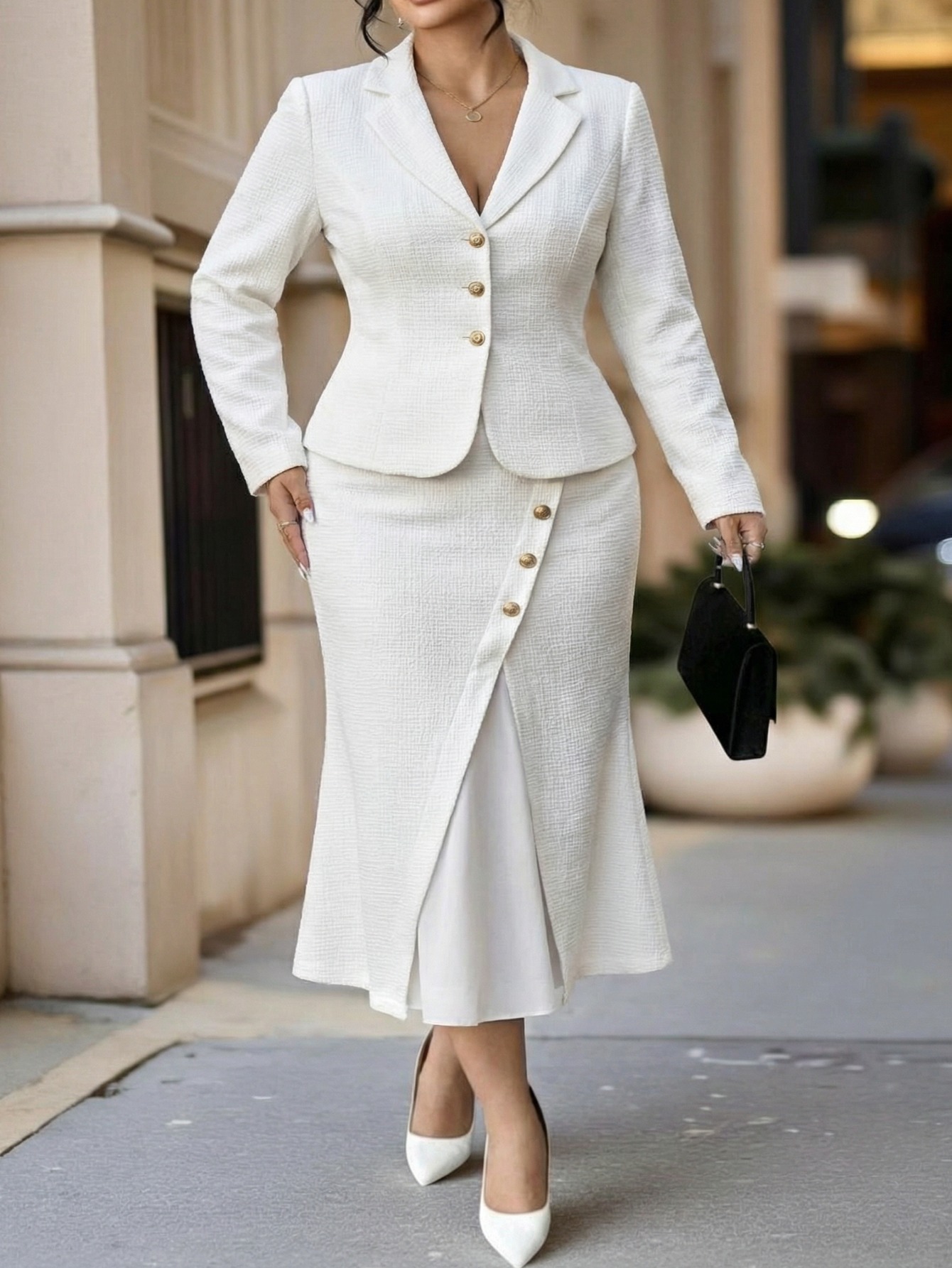 Plus Size, 2pcs Set Plus-Size White Golden-Button Waist-Tie Blazer & Slit Midi Skirt Set | Elegant Retro Sophisticated Style, an Eye-Catching Temperament Outfit for Plus-Size Figures in Formal Occasions and Date Outings