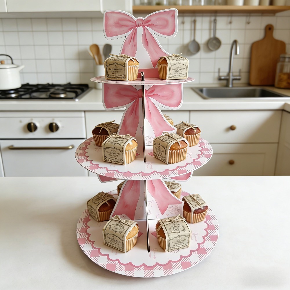 TEMU 17-inch Three-layer Bow-themed Cake Stand, Suitable For Dessert Decoration Tables At Birthday Parties, Party Towers At Princess Gatherings,