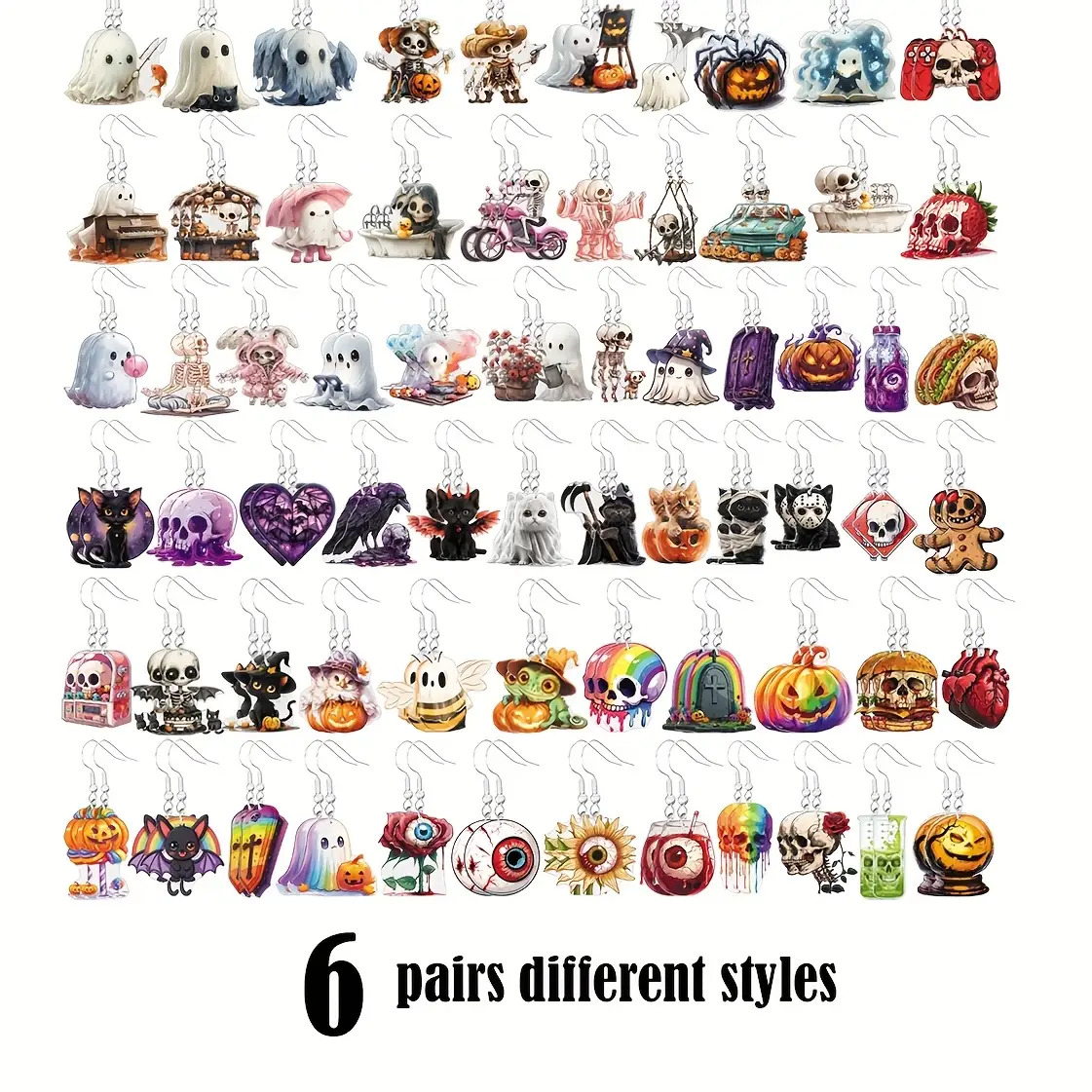 TEMU 6/24/72 Pairs Set Earrings Wholesale Halloween Cute Cartoon Acrylic Pumpkin Cat Hat Eyeball Reaper Skull