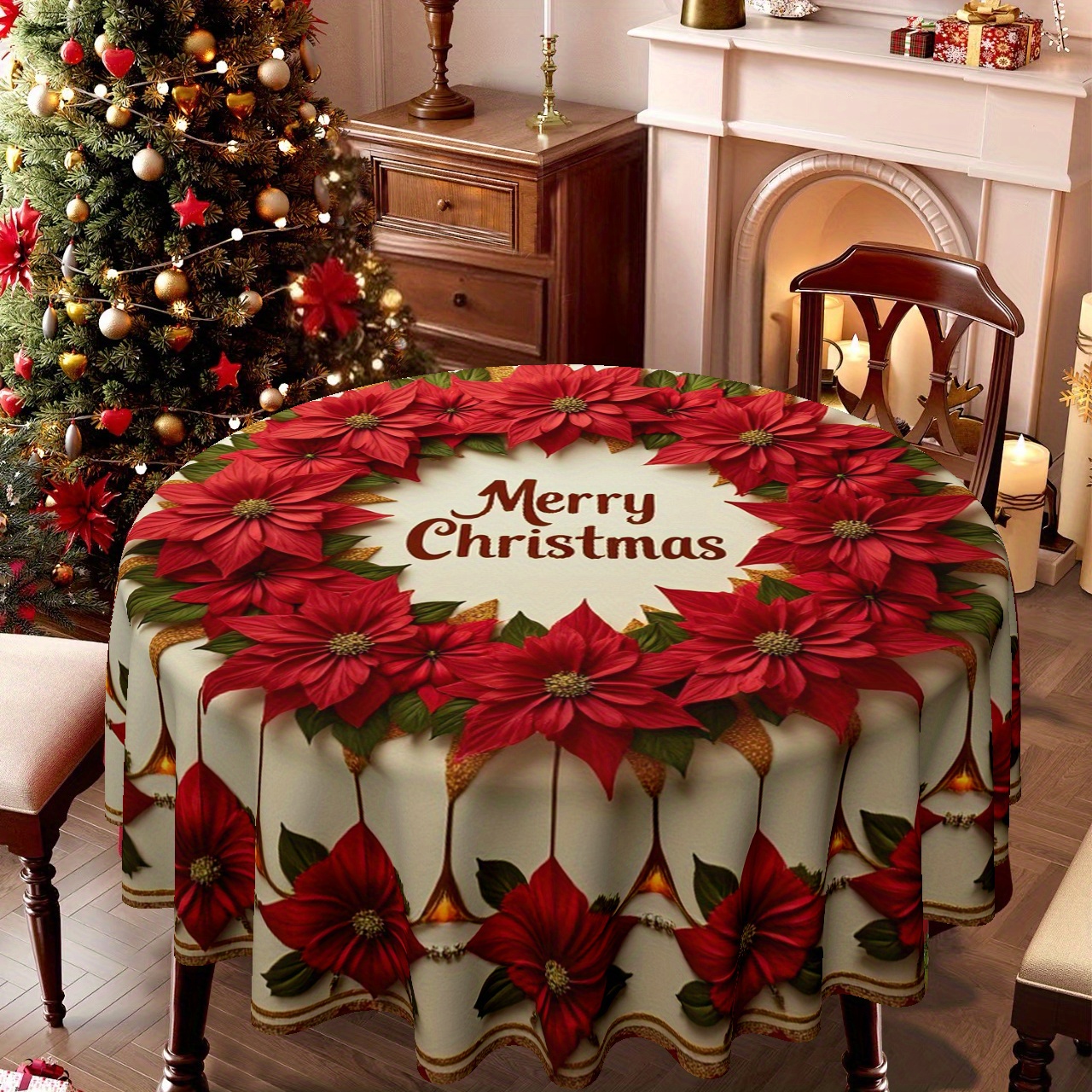 1pc 2D Flat Tablecloth, Christmas, Poinsettia themed Round Tablecloth,  Festive Home Decor for Dining Table, Kitchen Table, and Coffee Table,  Perfect - Main Image