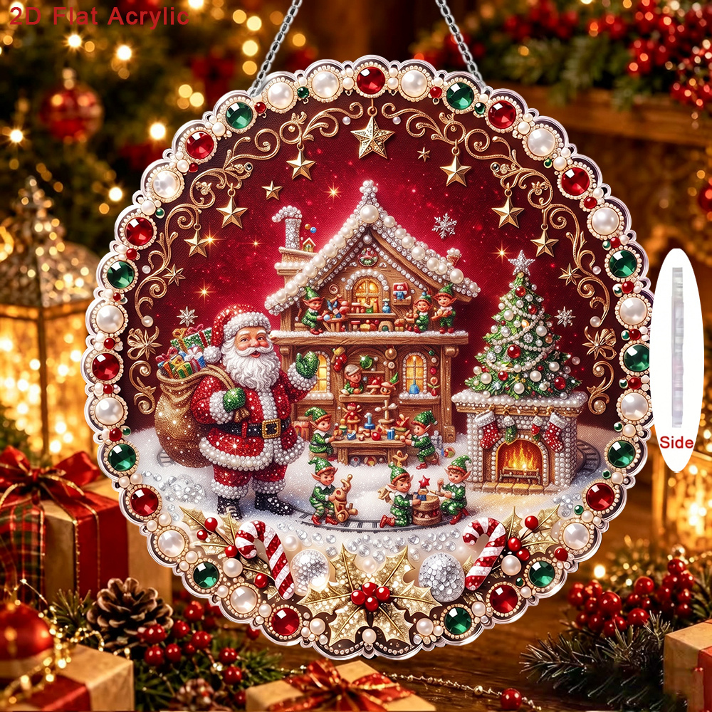 TEMU 2d Flat - 2d/flat Printing New Wavy Round Acrylic Pearl Drill Pendant Kit Featuring Santa Claus Workshop Theme, Includes Drill Tool And Pearl