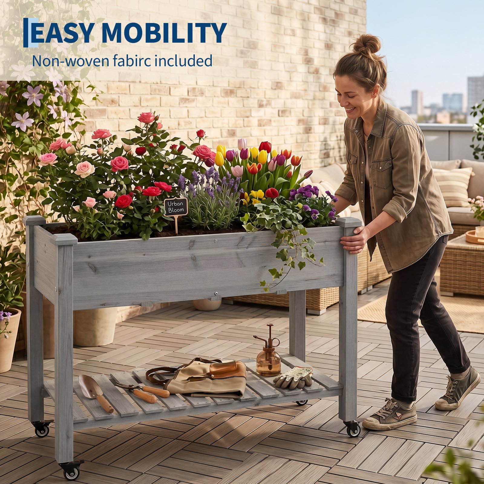 Mobile Raised Garden Bed On Wheels With Lockable Casters, Large Outdoor Planter Box With Storage Shelf And Protective Liner, Elevated Wooden Stand For Vegetables, Flowers, Herbs