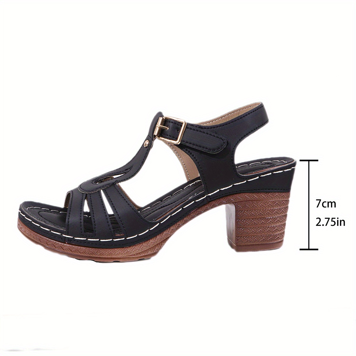 Women's Chunky Heel Sandals with Closure - Comfortable Open Toe Summer Shoes, Black Faux Cover with Orange Accents, Ankle Strap Design for Stylish Outdoor Wear, High Heel Sandals