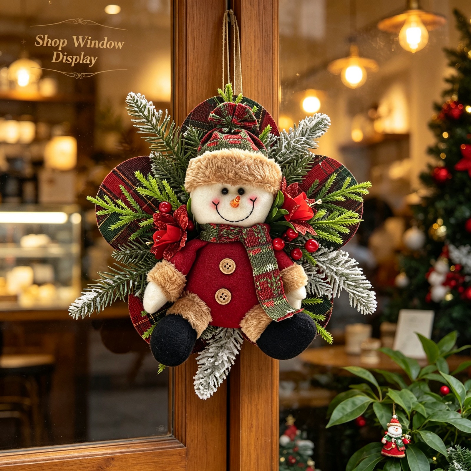 TEMU Christmas Plush Snowman Wreath Hanging Ornament, Spray White Pine Branches Red Berries Shimmering Glitter Holly Decoration With Hanging Rope,