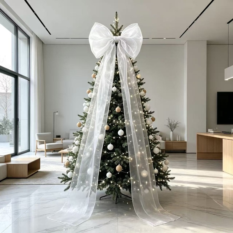TEMU 190cm Enormous Christmas Tree Topper Bow - Handmade Organza , White Beige Gray Minimalist Extra Large Treetop Star Decoration, Xmas Holiday