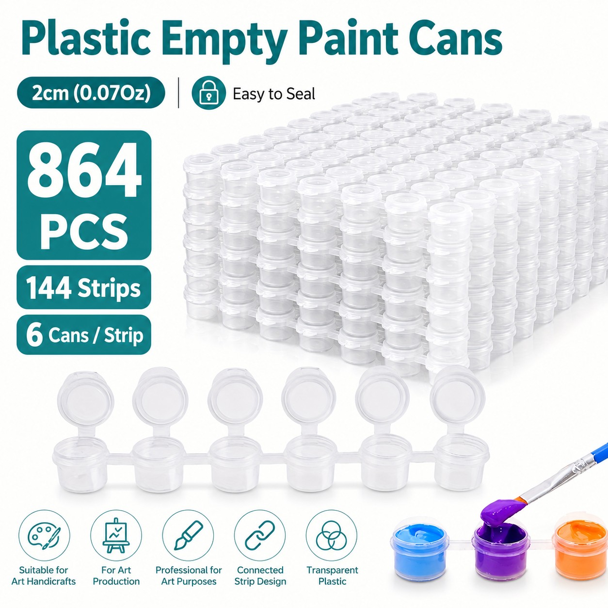 TEMU 864pcs (144 Sheets, 6pcs Per Sheet) Mini Paint Jars For Paint Storage Color Mixing Cups, 2ml/ 0.06oz Empty Plastic Cans, Leak-proof For Craft