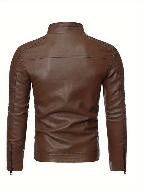 mens fit biker jacket stand collar zipper closure non stretch fabric solid color casual motorcycle jacket for casual attire biker jacket