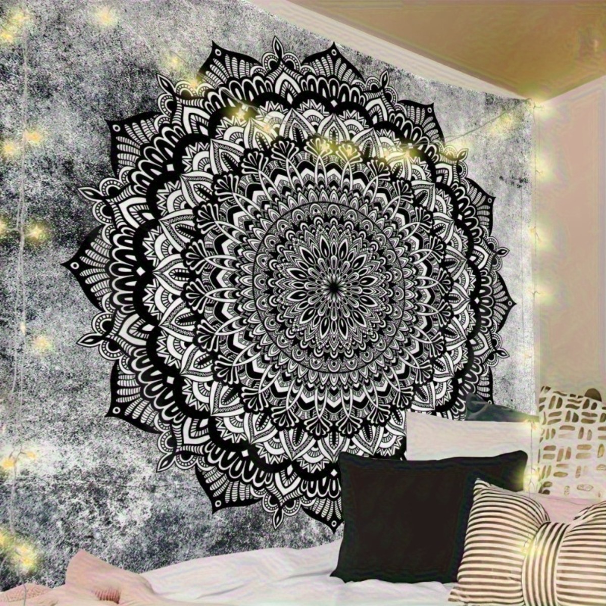 TEMU 1pc Black And Pattern Tapestry, Premium Peach Beige Fabric, Suitable For Living Room, Bedroom, Office Party Decoration, Horizontal Hanging