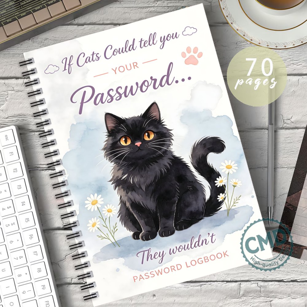 TEMU 1pc Password Notebook, For Seniors, Adults - Cute Black Cat Design Password Logbook, Address Books