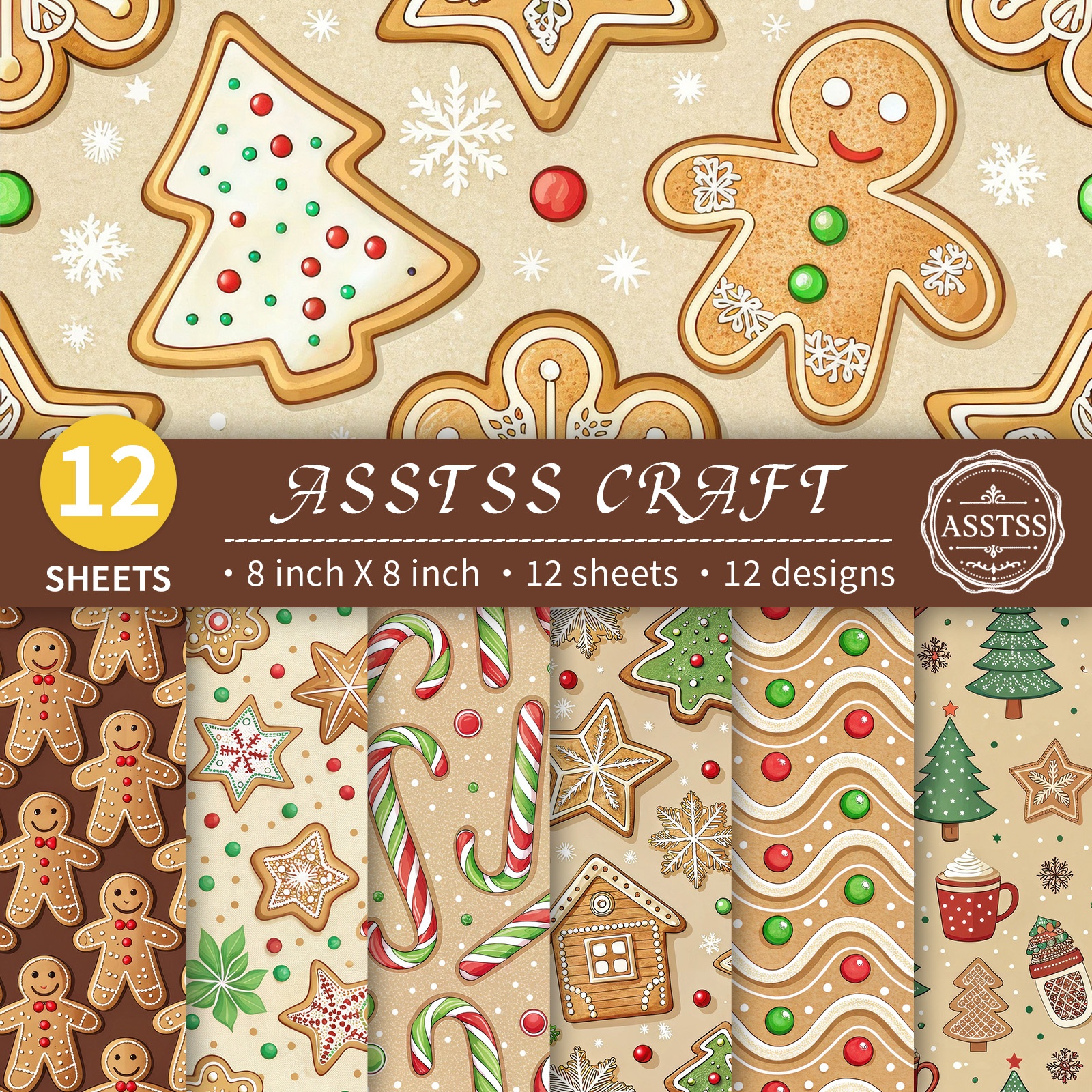 TEMU 12-sheet Asstss 8x8 Inch Scrapbooking Paper Pad, Christmas Vintage Gingerbread Man Candy Cane Gingerbread House Style Backing Paper Supplies,