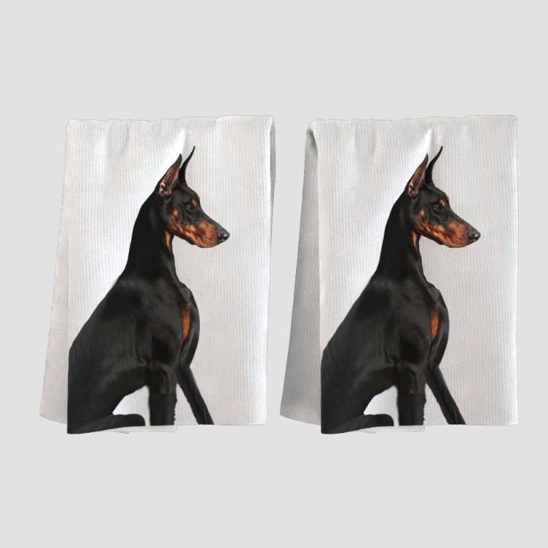 

2-pack Modern Polyester Kitchen Towels With Doberman Puppy Design, Machine Washable, Decorative Sports-themed Bathroom Towels For Home Decor And Valentine's Day Gift