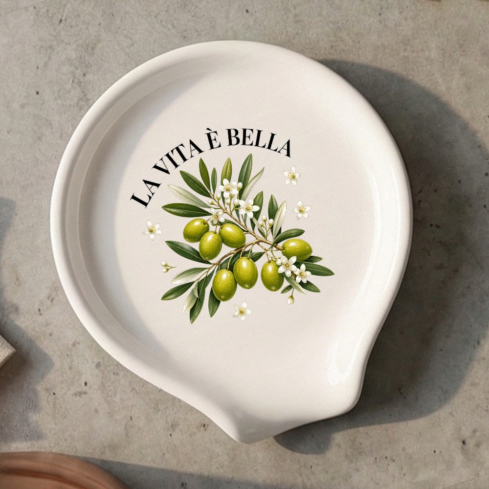 TEMU Ceramic Spoon Rest, Mediterranean Vintage Kitchen Decor With La Vita E Quote, Heat-resistant Countertop Utensil Rest, Gift For Olive Oil Lovers