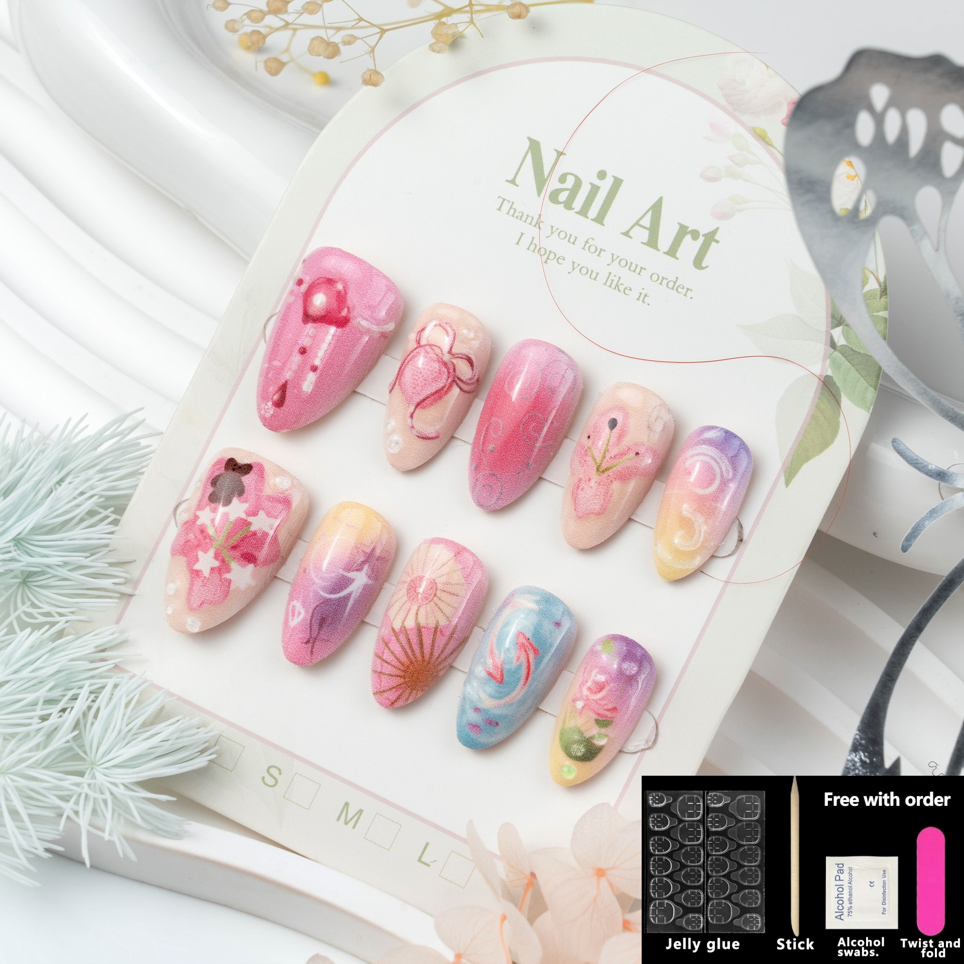 TEMU 30 Unghie Finte a Pressione a Mandorla, Simpatiche e Dolci Punte per Unghie con Orsetto di Fiori 3D, Decorazioni di Pesci e Fiocchi Dipinti a ,