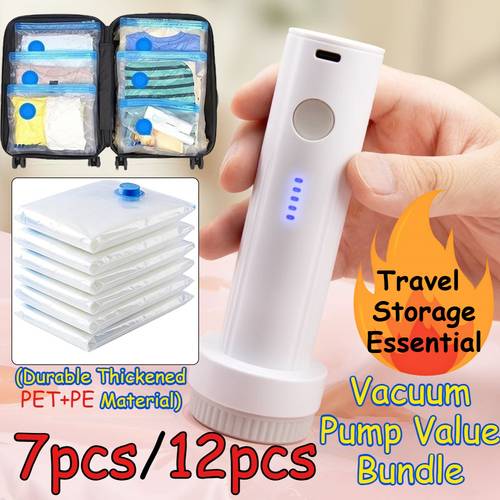 7pcs 12pcs vacuum pump value bundle reusable vacuum storage bags durable thickened pet pe material usb rechargeable pump powerful suction space saving organizer for and road trips seasonal clothing storage essential