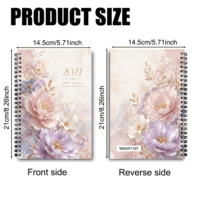 TEMU 2027 Watercolor Floral Spiral Coil Planner - Planner Only, Full-year Calendar, Annual Goals, Monthly Planning, Habit Tracking, Color-coordinated