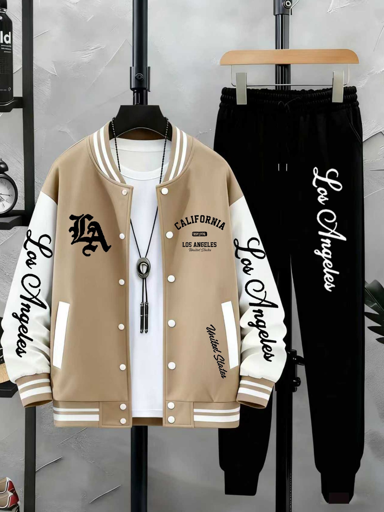 A Stylish Two-Piece Set for Men Featuring a Baseball Jacket with LA Lettering Print, Capturing The Trendy Essence of Los Angeles, Paired with Casual Fashionable Long Pants. - Image 5