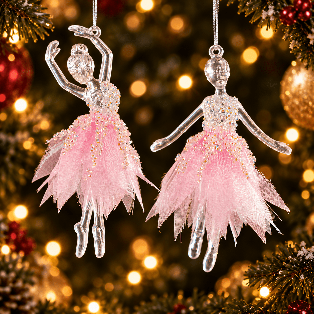 TEMU 2pcs Pink Ballet Girl Christmas Ornaments, Elegant Crystal Ballerina Hanging Decorations With Beaded Tulle Dress, Cute Xmas Tree Decor For