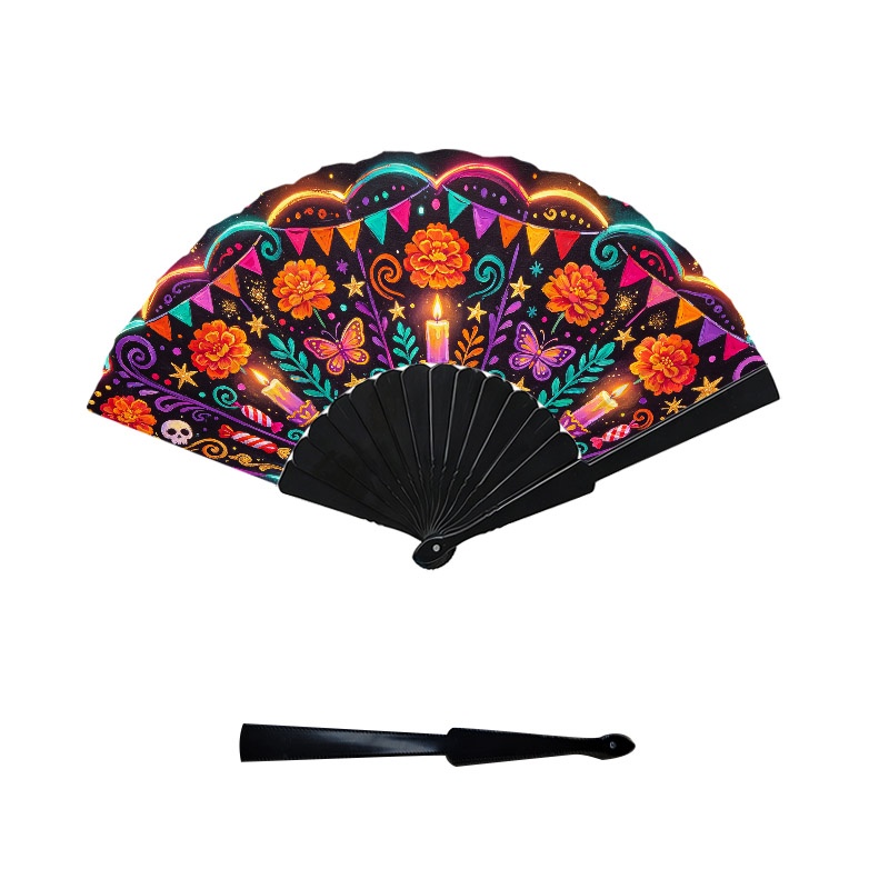 TEMU Of The Dead Themed Handheld Folding Fan, 1pc With Plastic Fan Bones And Bright Floral Skull Neon Print, Portable Cooling Accessory Suitable For