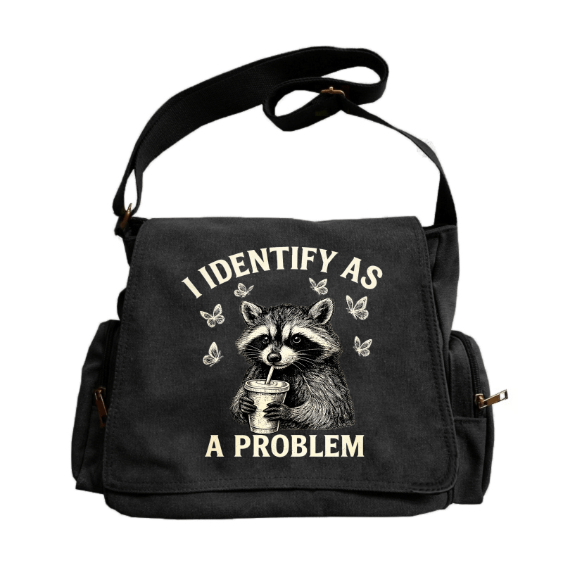 TEMU Bag Large-capacity Retro Tote Messenger Bag With Raccoon-themed Beverage Cup Holder & 'i Identify As A Problem' Text - Suitable For ,,, Casual