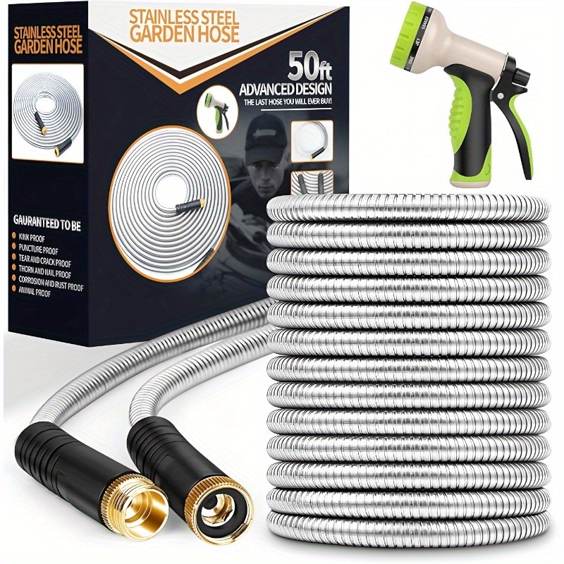 TEMU 100/50ft Heavy Duty Stainless Steel Garden Water Pipe With 10-function Nozzle, 3/4" Connector, Flexible Design For Yard, Lawn, Car Wash, Pet