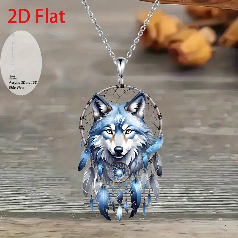 TEMU 2d Flat Acrylic Bohemian Style Wolf Catcher Dream Net Pendant Necklace, Unisex - Suitable For Anniversary, Birthday, And Holiday Gifts -