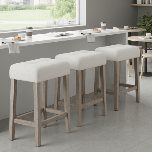 set of 2 bar stools 24 counter height chairs with padded seat and support sherpa fabric upholstered solid rubber wood legs beige for kitchen bar black