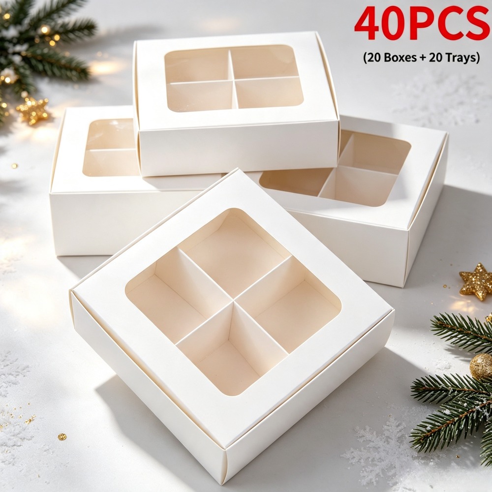TEMU Set da 40 pezzi (20 scatole vassoi), scatole bianche con finestra e divisori, quattro scomparti spaziosi, confezione per piccoli articoli a ,