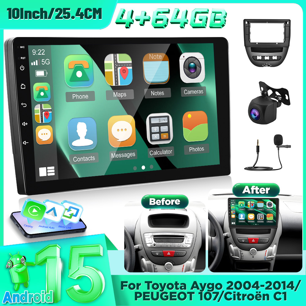Image of For 15 4gb+64gb Car Radio For Aygo 2005-2014/for 2005-2014/for C1 2005-2014 With For Car, 10.1 Inch Navigation Dsp Bluetooth Wifi Fm/rds Radio, Steering Wheel Control 32eq+reversing