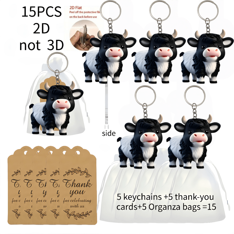 TEMU 2d Flat Acrylic 15pcs (black And ) Keychains, Including (5pcs 2d Design Acrylic Keychains And 5pcs Thank You Cards And 5pcs Gift Organza Bags)