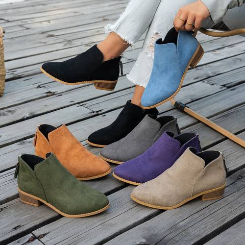 item picture autumn winter new womens chelsea short boots round toe low heel thick heel back zipper ankle boots western trade casual womens boots versatile casual low heel womens short boots women shoes