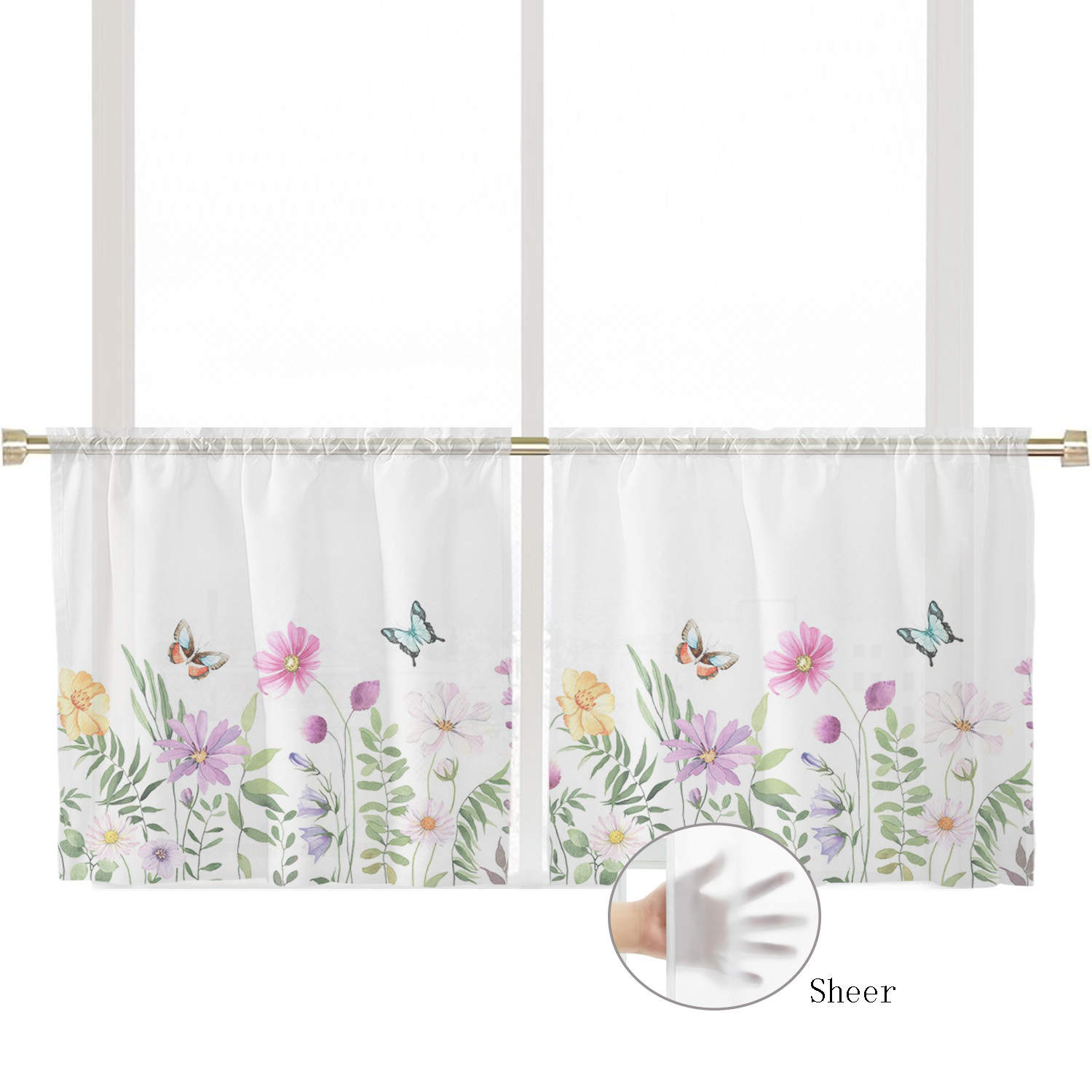 Image of 2pcs Floral Tulle Sheer Curtain Set, Pole Pocket Decorative Curtains, Small Translucent Curtains For Kitchen Bedroom Bathroom Coffee Bar And Other Home Decor, Spring And Summer Decoration