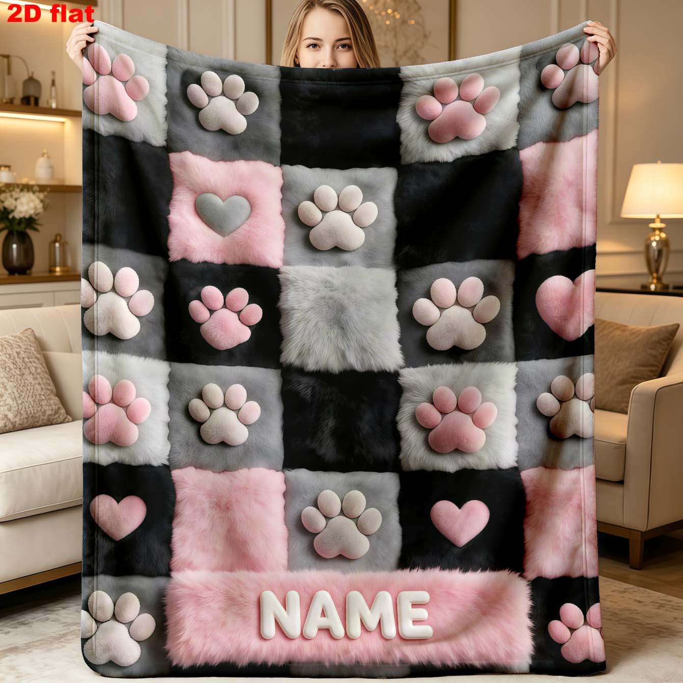 TEMU 1pc 2d Flat Personalized Custom Name Dog Paw Print Themed Oversized Flannel Blanket, Thanksgiving And Christmas Gift Blanket For Pets, Suitable