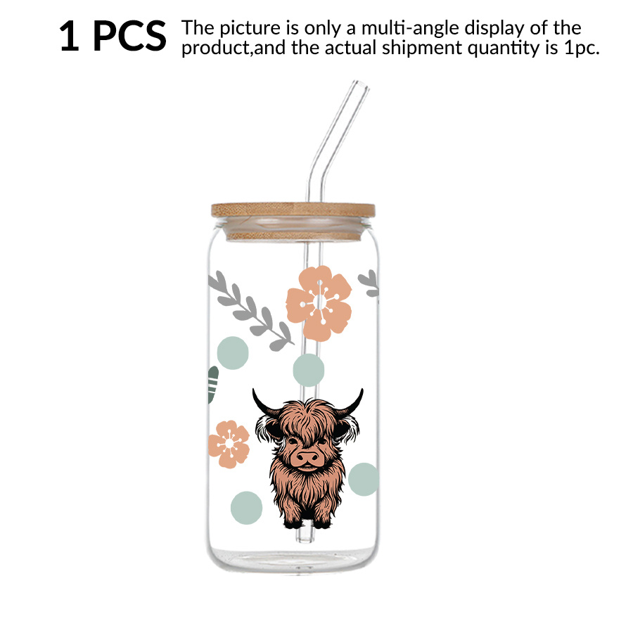 TEMU 1pc -ounce Glass Soda Jug Featuring A Lid And A Glass Straw, With Uv Printing Of A Highland Cow, Floral Designs, And Geometric Patterns. This