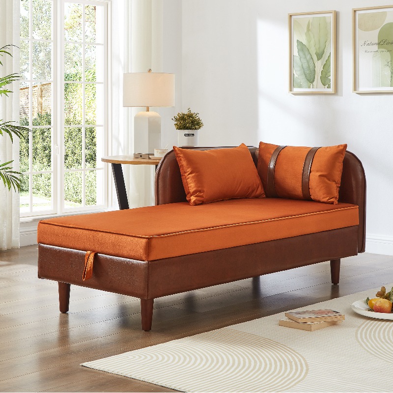 65-Inch Storage Chaise Lounge Sofa in Brown PU And Orange Velvet