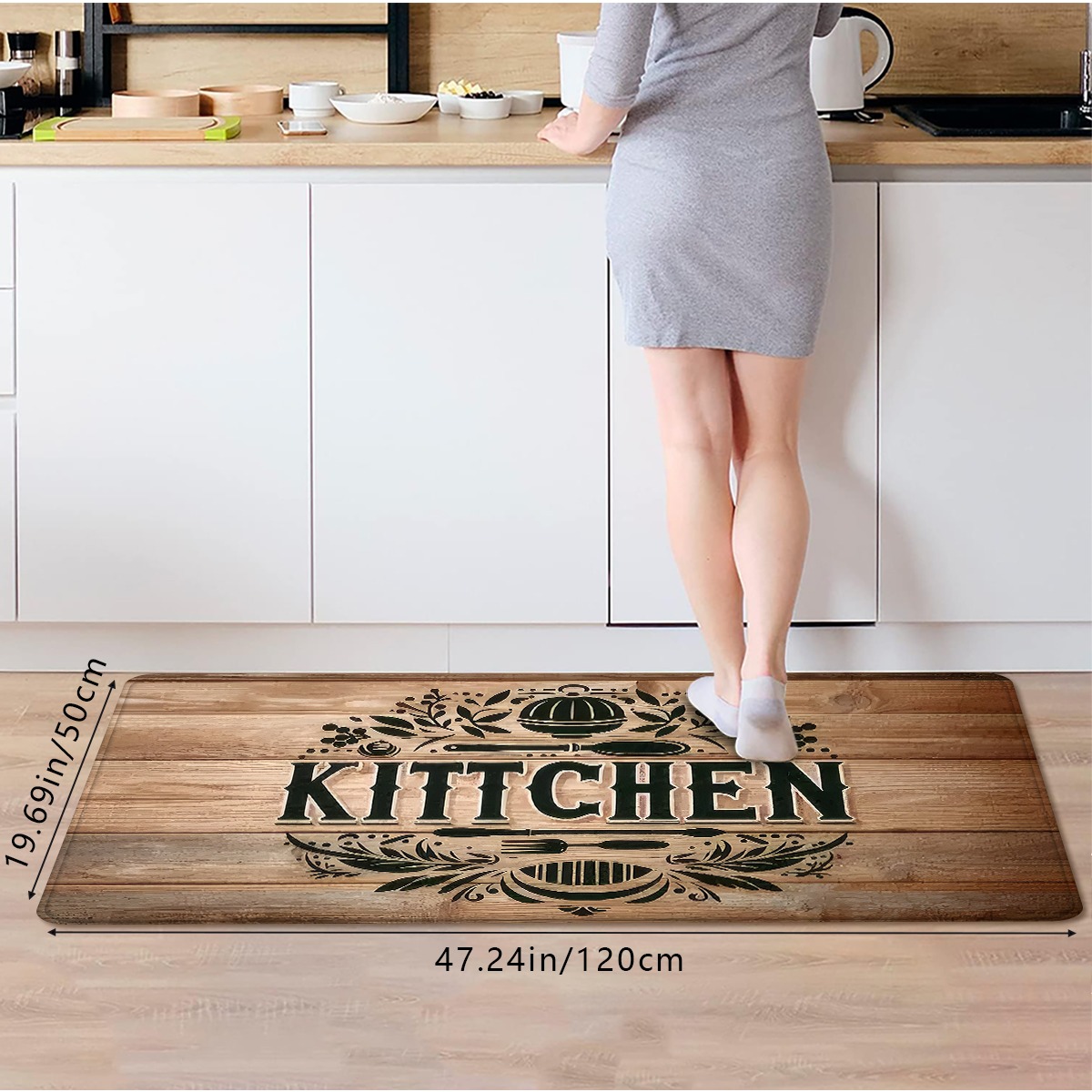 TEMU 1pc Vintage Industrial Plank Texture Kitchen Mat, "kitchen" Letter And Utensil Print Non-slip Absorbent Long Runner Rug, Easy To Clean And
