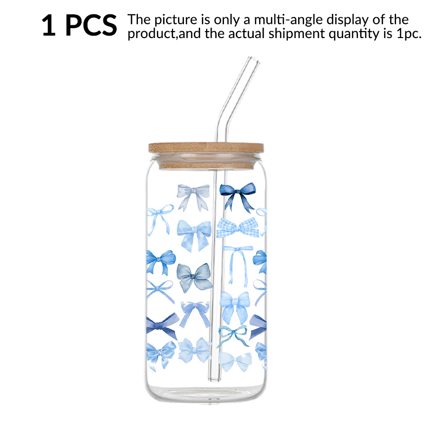 Image of 1pc -ounce Glass Soda Can Featuring A Lid And A Glass Straw, With Uv Printing, A , And A Checked Light . This Glass Cup Is Suitable For Coffee, Juice, Or As A Jar