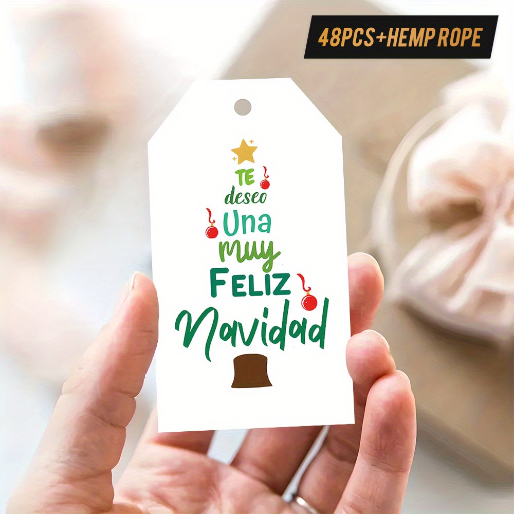 TEMU 48 piezas de etiquetas de regalo españolas de árbol de Navidad con cuerda de cáñamo - Multicolor, adecuadas para envolver regalos, manualidades