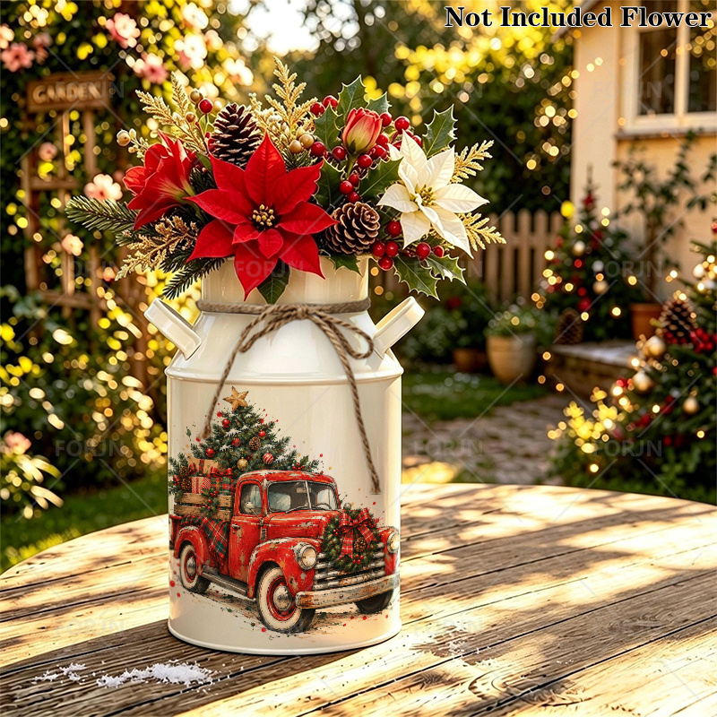 TEMU 1 vase en fer, motif de sapin de Noël camion rouge, vase décoratif style rural de fût de lait, vase de fleurs séchées de ferme vintage, ornement