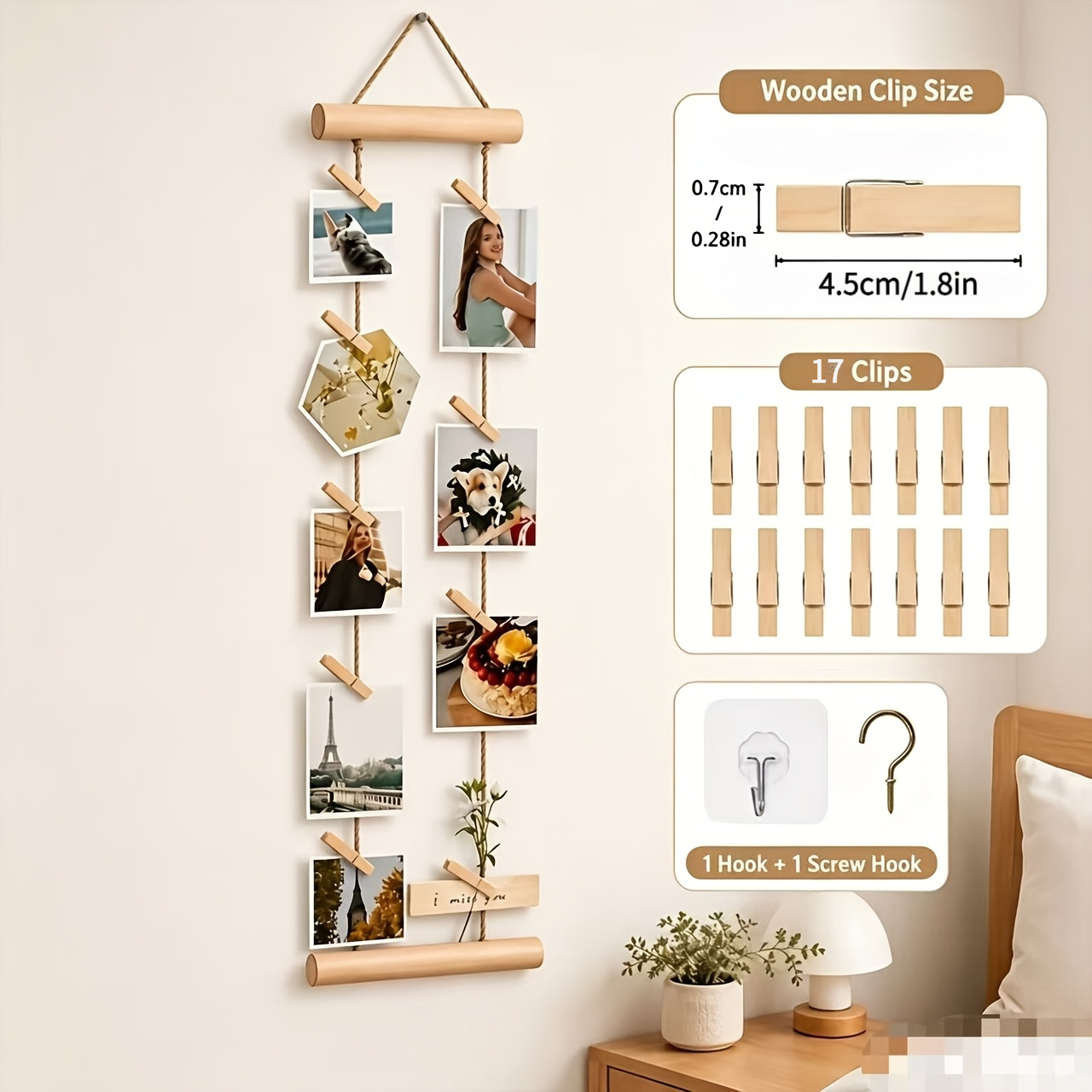 TEMU 20pcs Wall-mounted Photo Display Rack Set (including 1 Hanging Display Rack And 17pcs Photo Clips And 1pc Self-adhesive Hook And 1pc Metal Hook)
