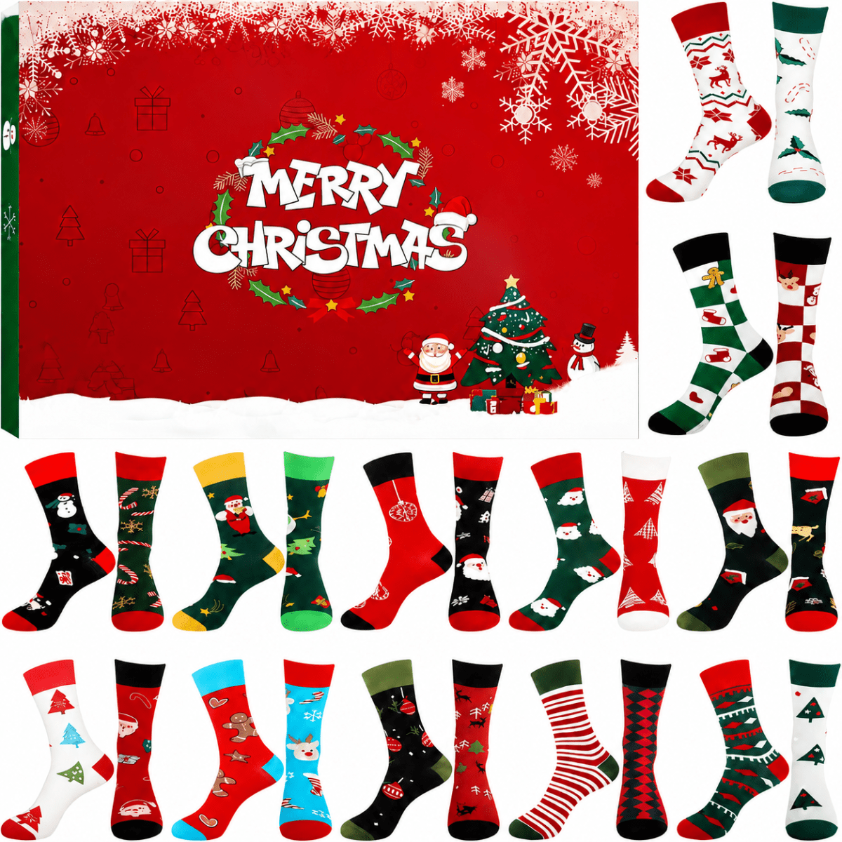 Image of 12-pair Christmas Advent Calendar Socks Gift Box Suitable For , Tube Socks With Santa Claus, Reindeer & Tree Patterns