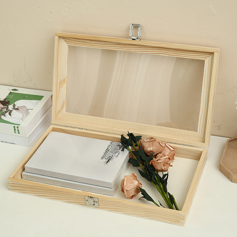 

Elegant Pine Wood Storage Box With Transparent Glass Flip Cover – Lockable Display Case For Jewelry, Souvenirs, Gifts, And Memorabilia, Organizing Keepsakes And Decorative Items, Jewelry Box