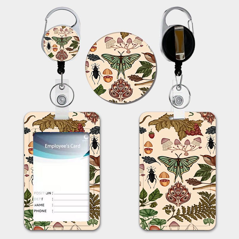 TEMU Vintage Insect And Plant Print Holder Set, Featuring A Pull-tab Retractable Lanyard And Keychain. Durable Plastic Card Holder Suitable For