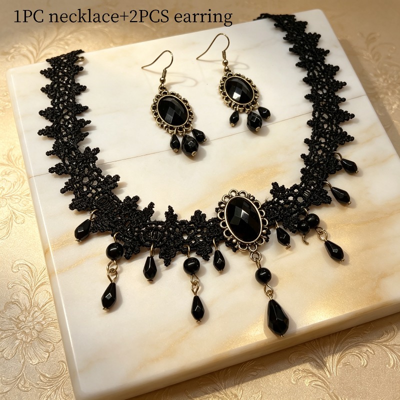 TEMU Conjunto de collar y aretes con borlas de encaje hueco negro versátil, estilo gótico punk , adecuado para vestir con temática de Halloween,
