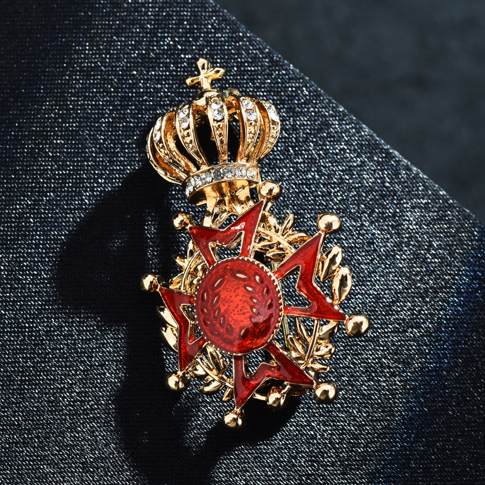 vintage style cross shaped brooch pin with   crown and red enamel medal unisex alloy and stone jewelry accessory for office and party gifts details 0