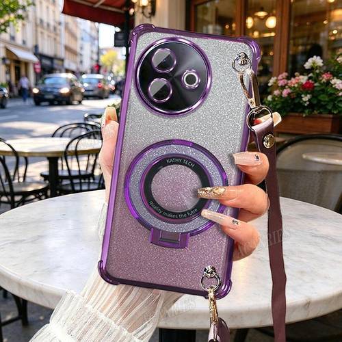 item picture phone case four corner phone case for vivo y38 5g y39 5g y58 5 on holder kickstand solid color flat webbing crossbody lanyard glitter insert shockproof cover