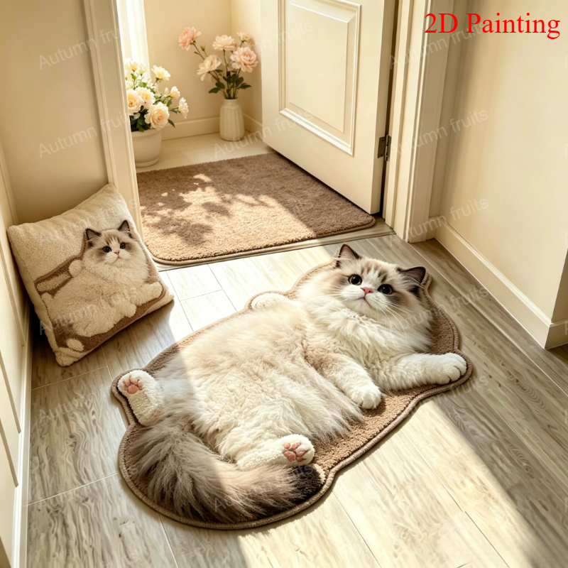 TEMU Velvet 900g 9mm [2d Flat] Thin Plush 3d Effect, Non-long Pile, Simulation Style Reclining Plush Cat Bedroom Bedside Rug, Cute Cat Reclining